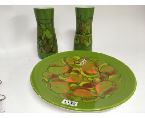 A pair of 1960s modern design Poole vases and a matching dish. Diameter 35cm (3) no Obvious damage