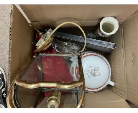 A box of mixed items to include a heavy brass light fitting, Kings pattern cutlery and ceramics etc.