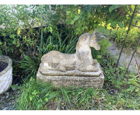 A pair of cast composition horse garden statues on rectangular bases (buyer to arrange collection)