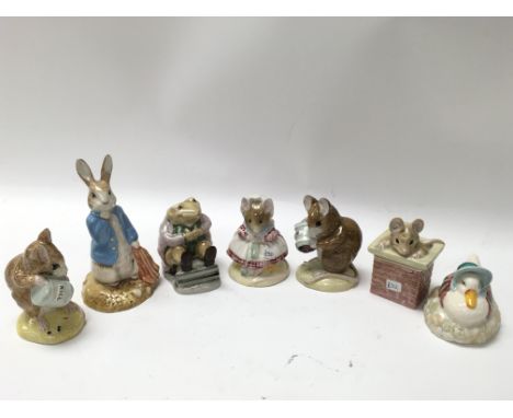 Seven Royal Albert Beatrix Potter figures all with original boxes including Hunca Munca, Jemima Puddleduck, The Old Woman Who