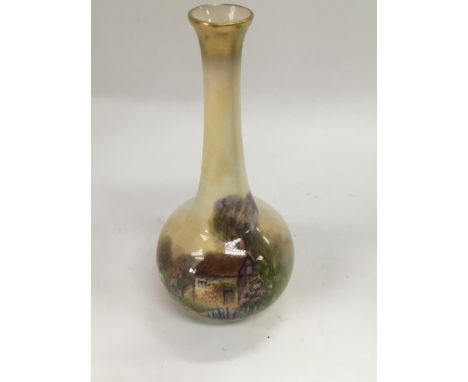 A small Royal Worcester vase hand painted with cottage and garden 14 cm