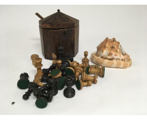 An 18th century Neo Classical George III tea caddy for restoration a carved cameo Conch shell and a vintage wood chess set fo