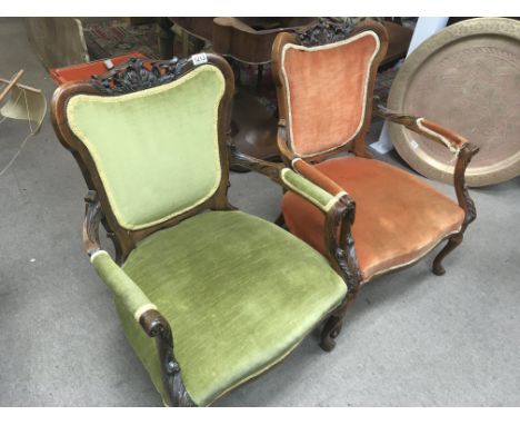 A pair of Edwardian carved walnut open arm chairs and a matching sofa frame for restoration (3)