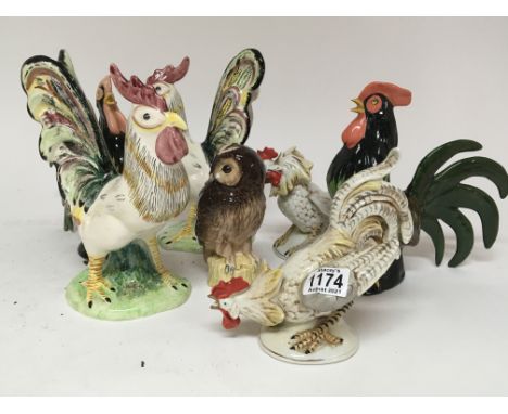 A Doulton whisky decanter figure a Tawny owl and other ceramic models of cockerels (a lot)