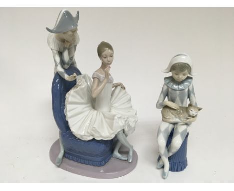 A large Nao porcelain figure group of a ballerina and Harlequin figure Hight 30cm and one other similar figure seated with a 