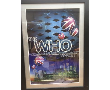 A framed poster for The Who VIP party Madison Square Garden 2000 by Rex Ray. Excellent condition. Approx 46cm x 62cm.