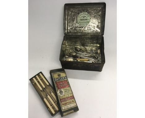 A collection of items including a vintage Colmans mustard tin containing a boxed set of Butlers six knives, a quantity of Vic