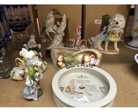 A collection of porcelain and ceramic items including a Dresden figure, a baby plate all as pictured.