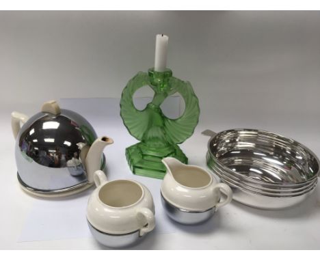 An Art Deco candlestick, bowl and tea set.