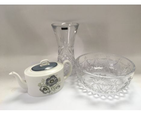 Two Thomas Webb crystal items and a Wedgwood teapot (3).