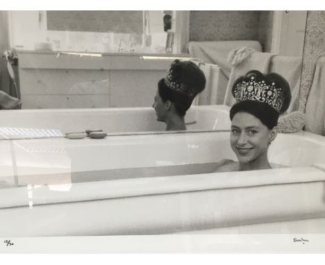 A framed limited edition print. Lord Snowdon (1930-2017) The print depicting Princess Margaret in a sunken bath wearing a spe