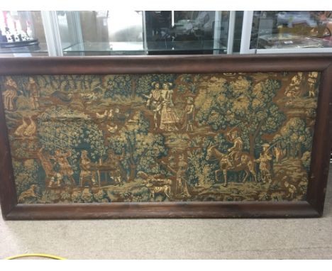 A 17th Century framed tapestry depicting figures in a woodland setting comprising a Lord and Lady with attendant, hunters on 