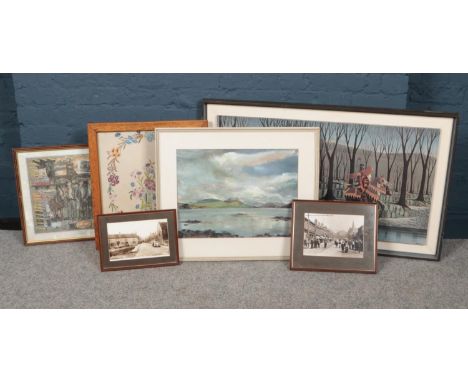 A collection of framed watercolour, print, tapestry to include vintage photographs of Broad Street, Parkgate &amp; Darfield  