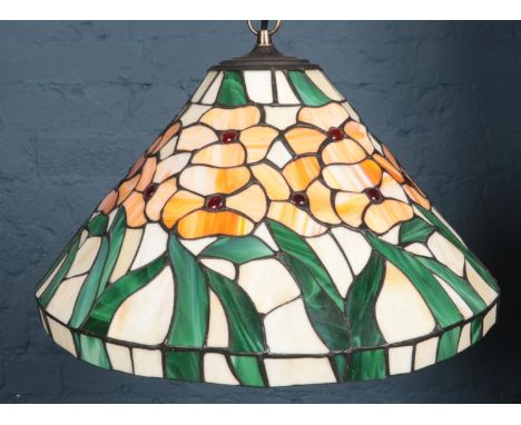 A lead glazed Tiffany style ceiling light shade. (Approximately 46cm diameter, 30cm height).  