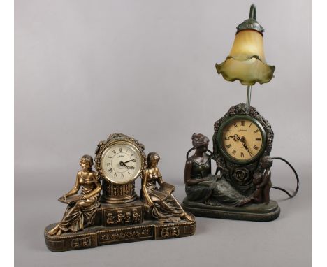 A Juliana plaster gilt quartz mantle clock to include a Juliana quartz clock table lamp  