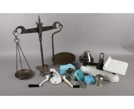 A selection of mostly metalwares comprising of a set of 19th century Fairbanks, iron balance scales, a set of Avery counter w