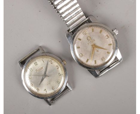 A gents stainless steel Titus manual wrist watch with expanding strap, along with a similar Everite wristwatch head.  Both ru