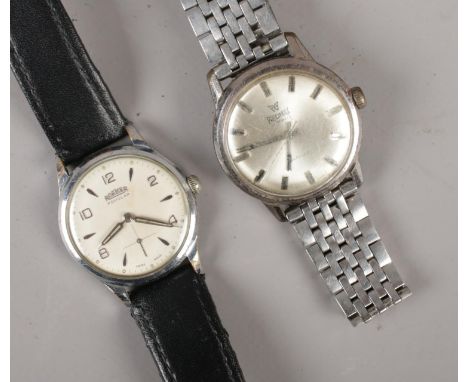 A gents stainless steel Roamer Popular manual wristwatch on leather strap, along with a Precimax manual wristwatch.  Both run