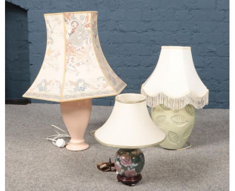 Three ceramic table lamp bases with shades, one shade Laura Ashley example  