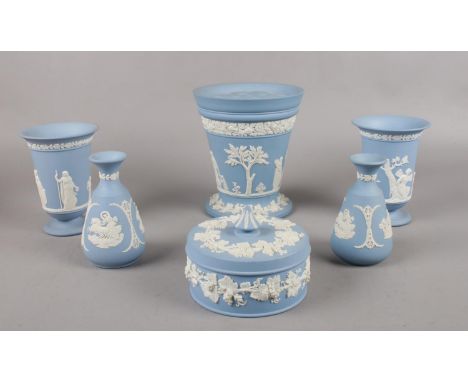A quantity of Wedgwood Jasperware, Vases, bud vases, trinket examples etc  