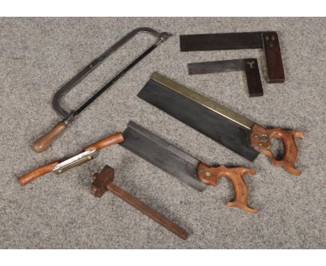 A box of vintage tools to include brass shank saw, rosewood brass inlaid squares, Large Hacksaw inscribed LNER  