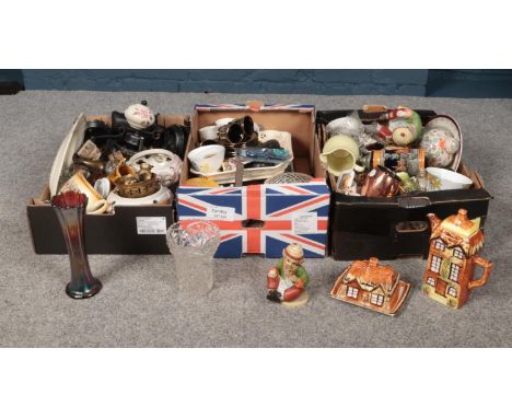 Three boxes of miscellaneous, ceramic teapot, butter dish, cut crystal bowls, commemorative mugs/glasses examples etc  