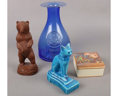 A mixed group lot to include American handmade bear, Newhall trinket box, ceramic Egyptian blue cat, etc.  