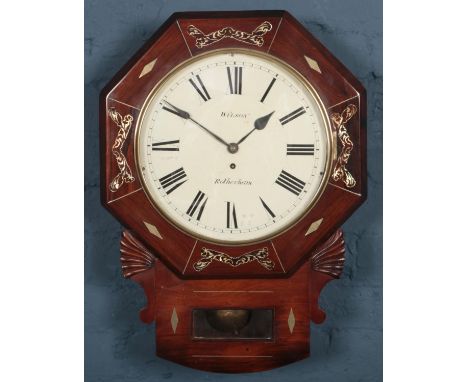 A Wilson mahogany cased drop dial wall clock with abalone shell inlay and enamel dial.  Good condition.