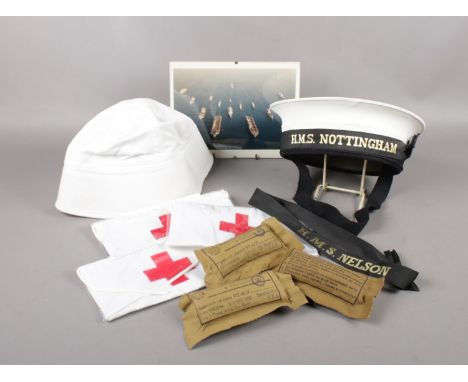 A Royal Navy pork pie hat HMS Nottingham to include Russian Army medic arm band, three Polish medical dressings, HMS Nelson h