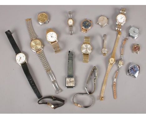 A box of manual and quartz wristwatches to include Sekonda, Oris, Sprevil, etc.  