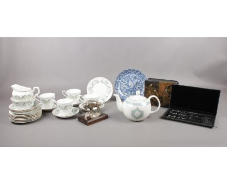 A box of miscellaneous comprising of a Royal Standard Fine Bone China part tea set (Four cups, seven saucers, seven side plat