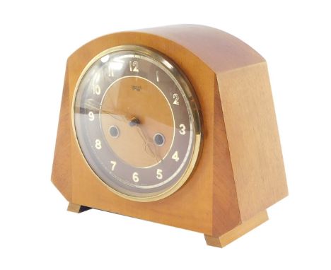 A Smiths Enfield mid century mantel clock, circular dial with brown chapter ring bearing Arabic numerals, eight day movement 