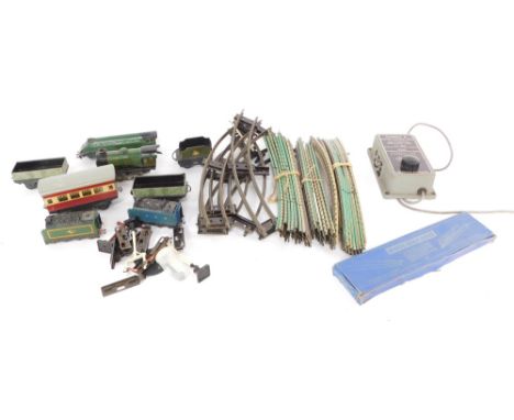 A Hornby OO gauge train set, including a locomotive and tender, track, signals, and wagons, an O gauge coach, Marshall II pow