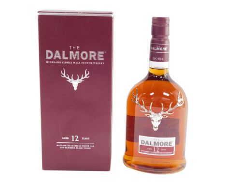A bottle of The Dalmore twelve year aged single malt Scotch whisky, boxed.
