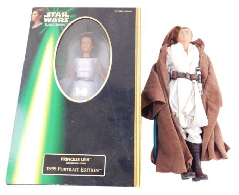 A Hasbro Star Wars figure of Princess Leia, 1999 portrait edition, with ceremonial gown, boxed, together with a figure of Obi