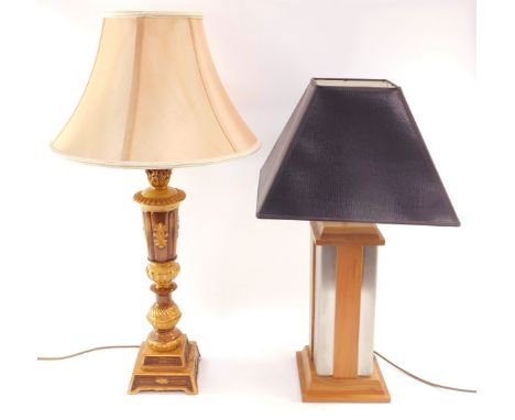 A Touche Du Bois wooden and metal table lamp, of rectangular section, with a black shade, 65cm high, together with a Gregory'