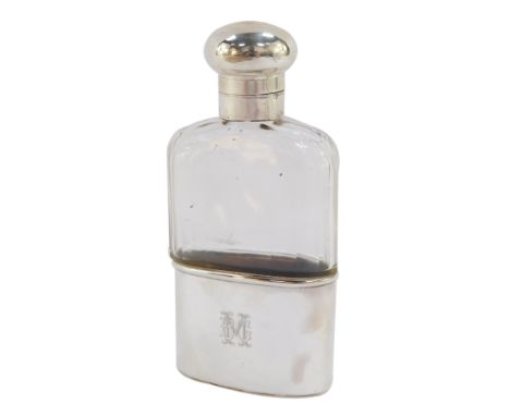 A George V cut glass and silver hip flask, monogram engraved, with a screw hinged lid, London 1925, 12.5cm high.