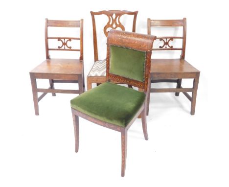 A pair of Regency oak and elm country dining chairs, a Chippendale style mahogany single chair, and a Dutch flame mahogany an