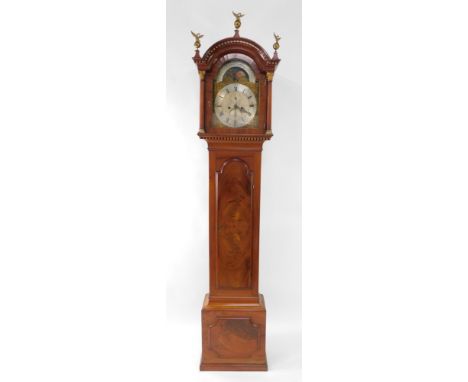 Lewis Poignand, a George III Channel Islands mahogany long case clock, the break arch dial with painted moon phase and plate 