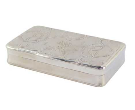 A French late 19thC silver snuff box, the hinged lid with engine turned and repousse floral and scroll work decoration, engra