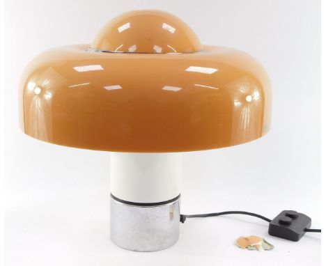 A Harvey Guzzini Brumbury 1970's metal and plastic table lamp, with a fibreglass shade, bears label Harveiluce, Made In Italy