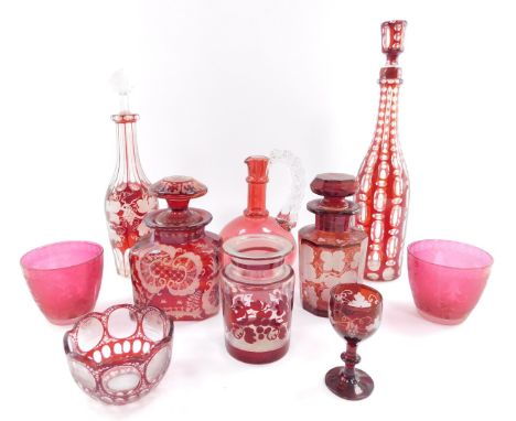 A group of 19thC and later cranberry and ruby glassware, to include a flashed glass decanter and stopper, further decanter ed