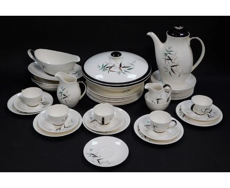 A Royal Doulton pottery part coffee service decorated in the Bamboo pattern, comprising coffee pot, milk and cream jugs, suga