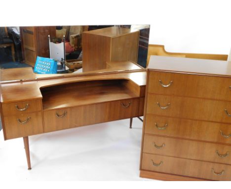 A mid century bedroom suite, comprising a Meredew teak chest of five long drawers, raised on a plinth base, 100cm high, 76cm 