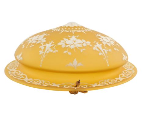 A French Fin de Siecle frosted amber glass ceiling light, over painted in white with fruit, flowers and scrolling leaves, 35c