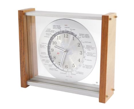 A Lord King mid century vintage World Time clock, circular dial bearing a view of the Northern Hemisphere, Arabic numerals, w