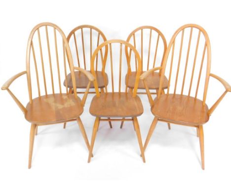A set of five Ercol beech and elm kitchen chair, comprising pair of carvers, and three single chairs.