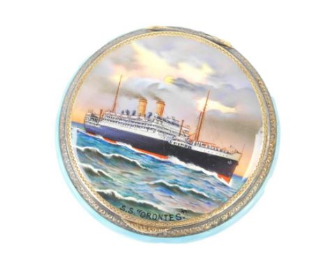 A painted and turquoise blue guilloche enamel circular powder box, decorated to the lid with "SS Orontes", with a white metal