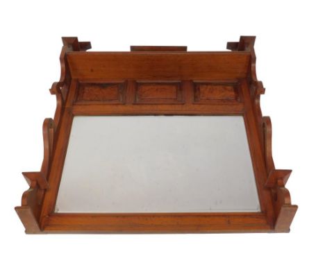 A Victorian oak and burr oak overmantel mirror, Arts & Crafts influence, with a long shelf above a bevelled glass rectangular