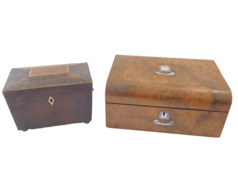 A Victorian walnut workbox, with mother of pearl escutcheons, 12cm H, 20cm D, together with a Regency mahogany sarcophagus fo